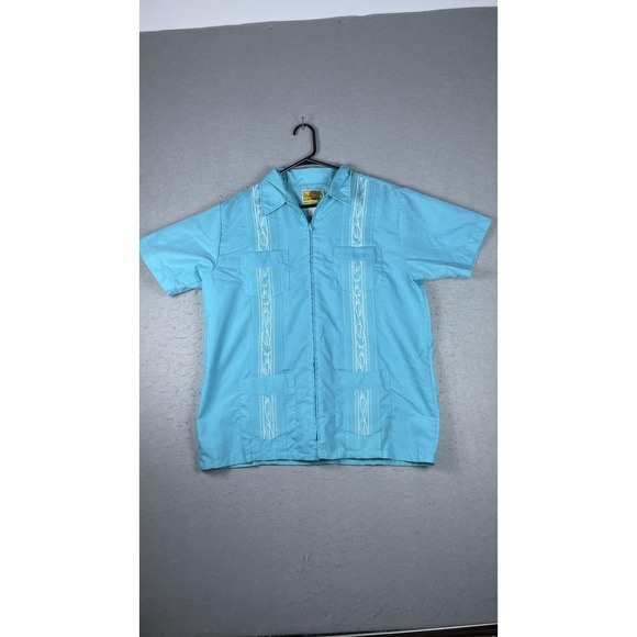 Haband Guayabera Shirt Mens Large Aqua Blue Zip Front Embroidered Pockets - Picture 1 of 7